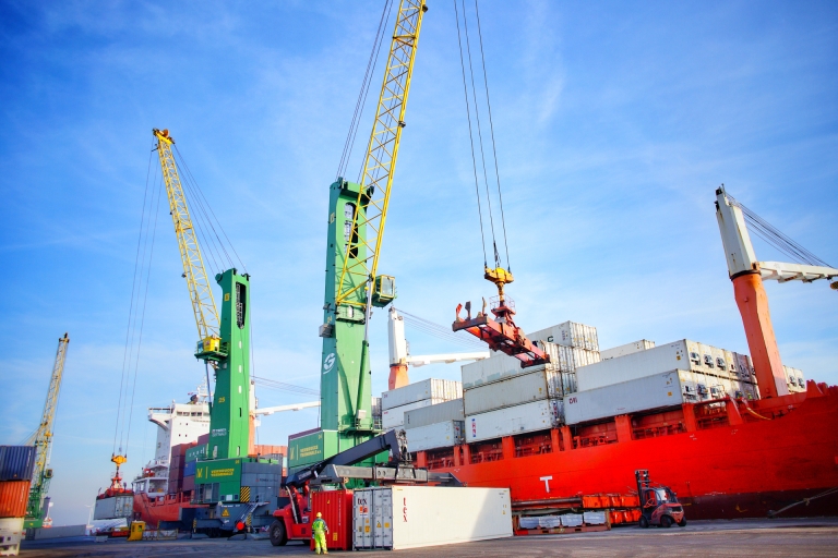 Discharging containers from container carrier at Verbrugge Terminals