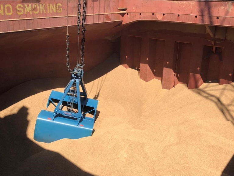 Discharging wood pellets from ocean bulk carrier at Verbrugge Terminals